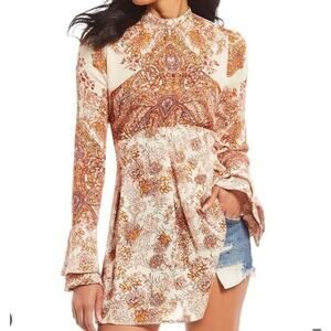 FREE PEOPLE Lady Luck Bell Sleeve Print Tunic or Mini Dress In Ivory Size XS